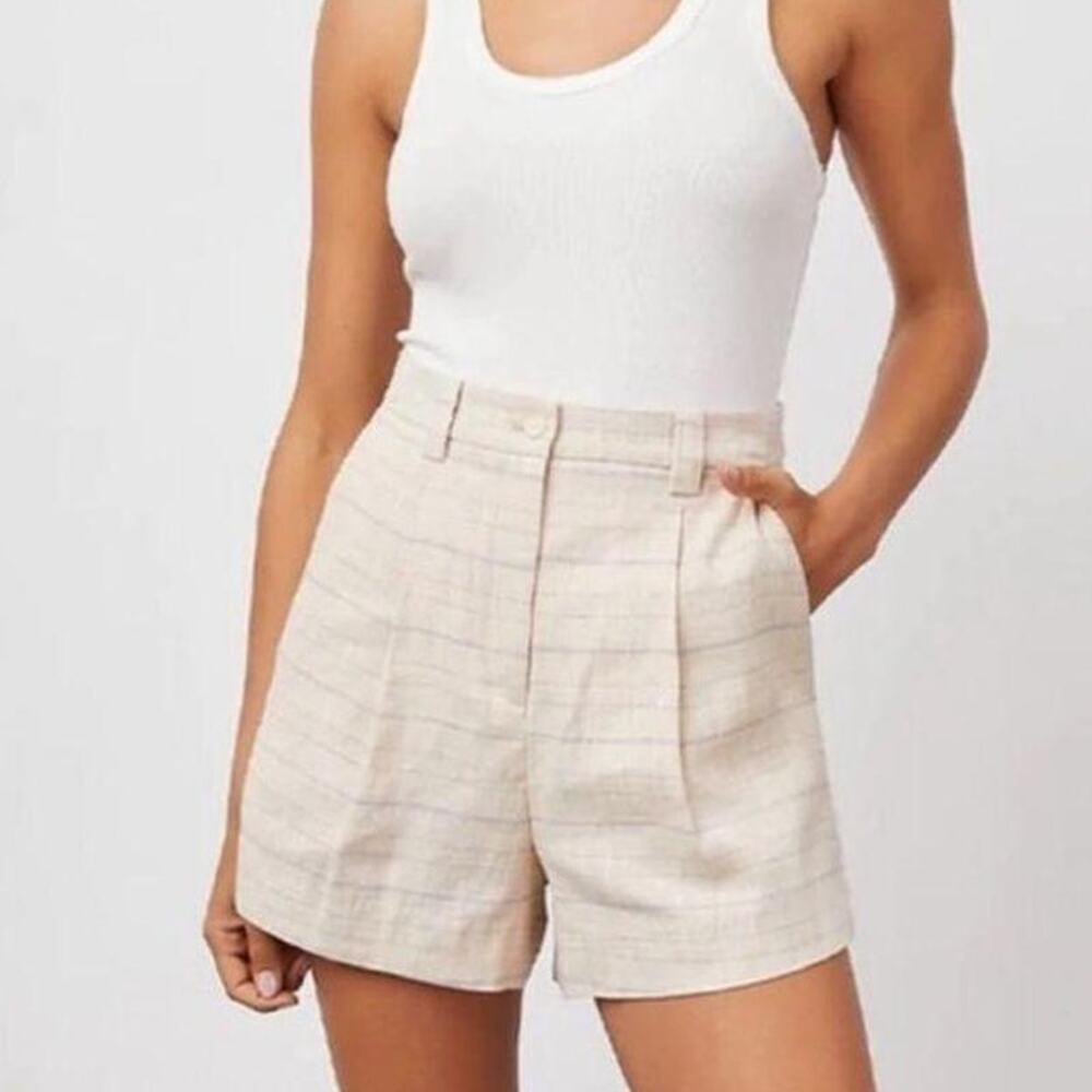 Rails Ilena Sand Check Pleated Shorts Tan Cream Linen Cotton Women's Sz 8
